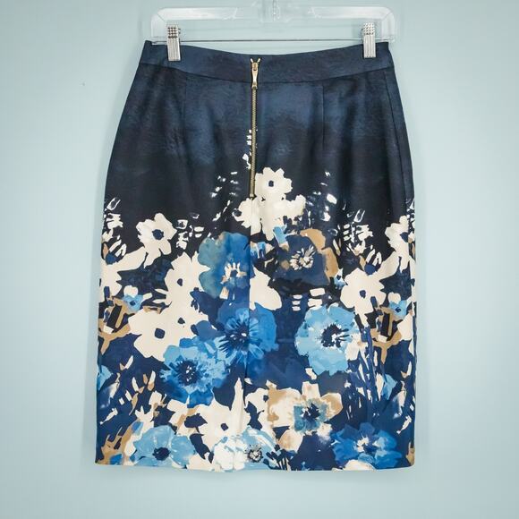 Kate Spade Size 4 Blue Autumn Floral Print Marit Pencil Cotton Silk Skirt - Picture 2 of 5